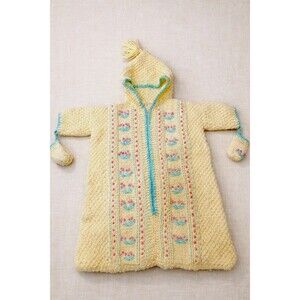 Vintage 70s Baby Hand Knit Hooded Bunting Coat Yellow Floral Crochet 6-12M